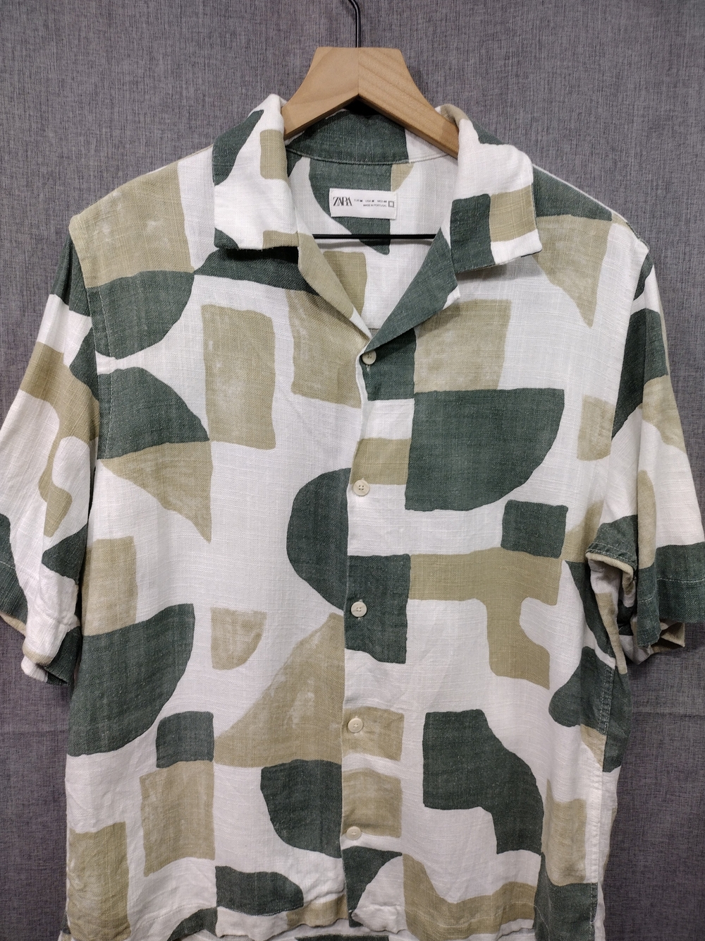 Zara Linen Olive & White Short Sleeve Button-Down Shirt Mens M Boho Retro 90s - Picture 3 of 10